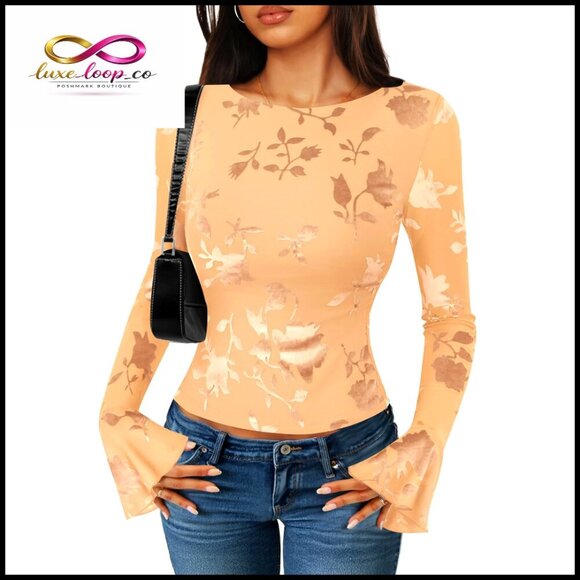 Tops - Mesh Bell Sleeve Blouse Slim Fit Floral Top Women's Long Sleeve